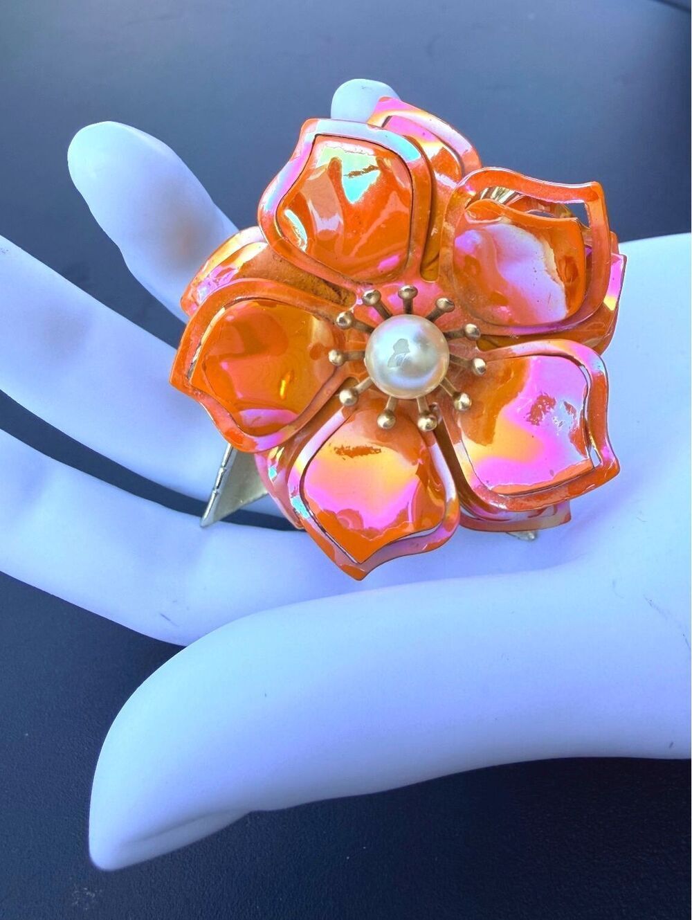 Vintage Iridescent Orange Enamel Flower Brooch Faux Pearl